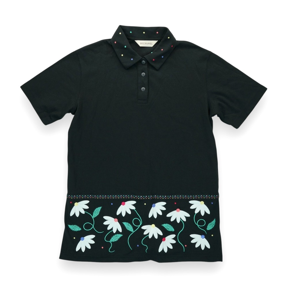 Vintage Bechamel Women's Floral Embroidered Black T-Shirt Short Sleeve Small
